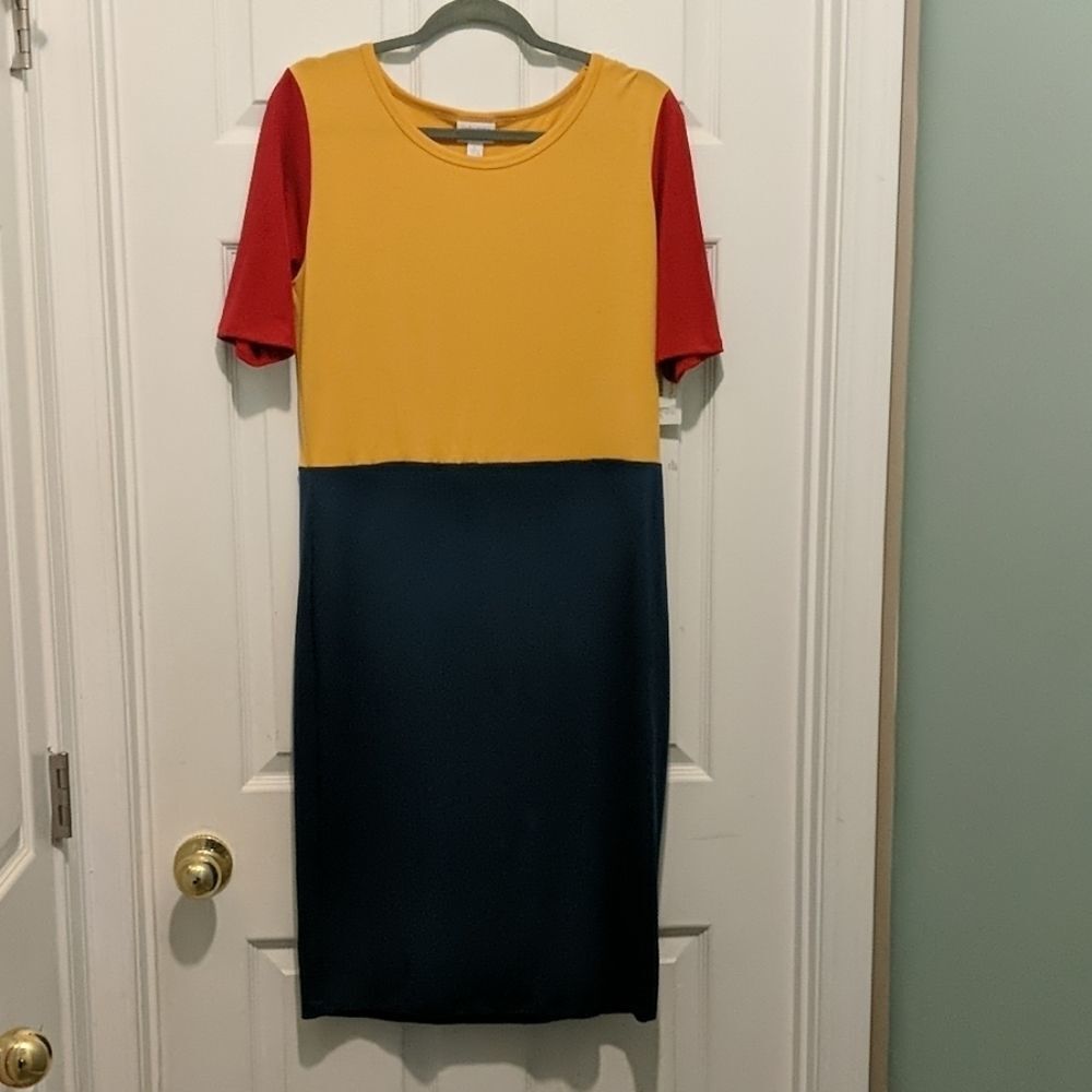 LulaRoe Julia Dress navy mustard red  Sz L NWT
